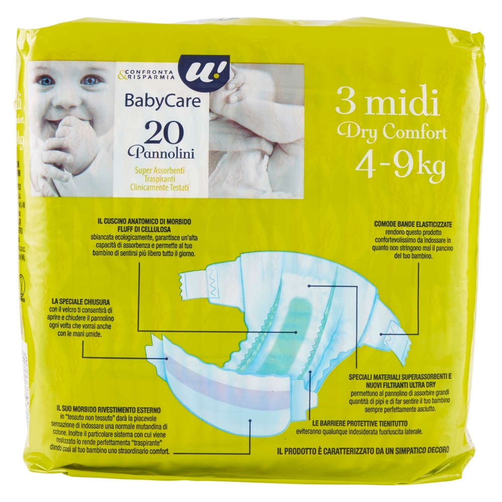 20 PANNOLINI BABY CARE MIDI DRY COMFORT 4-9 KG U! Confronta & Risparmia